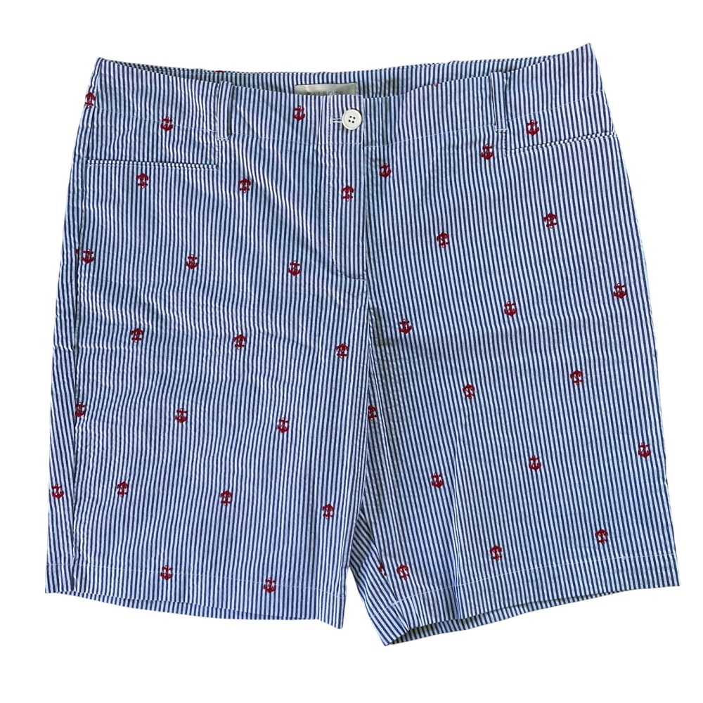 Talbots Anchor Bermuda Shorts Blue White Striped Pockets Coastal‎ Size 16 Petite